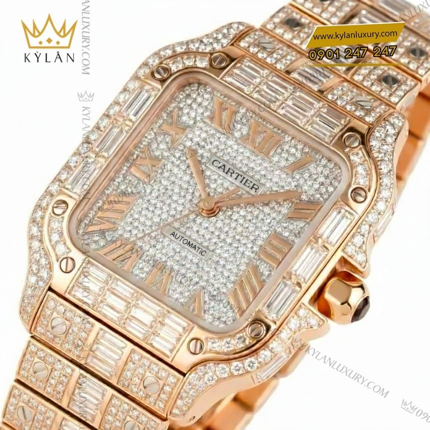 Đồng hồ Cartier Santos vàng hồng custom full kim cương 5 Kỳ Lân Luxury cartier santos vang hong custom full kim cuong 5 Đồng hồ Cartier Santos vàng hồng custom full kim cương