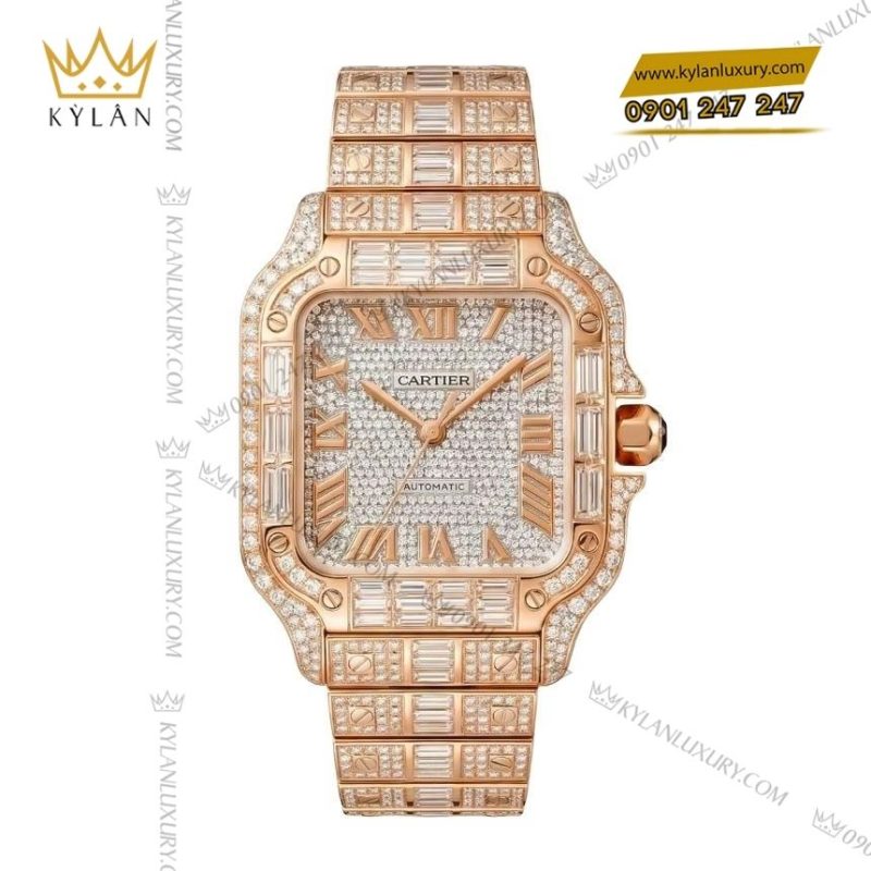 Đồng hồ Cartier Santos vàng hồng custom full kim cương
