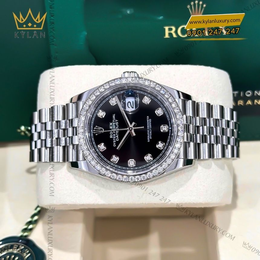 Kỳ Lân Luxury rolex datejust 36 126284rbr 0019 den kim cuong 2 Đồng hồ Rolex Datejust 36 mặt số đen kim cương 126284RBR-0019