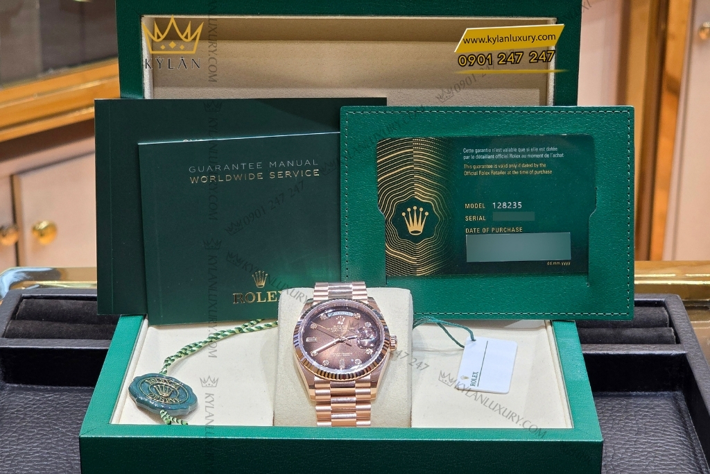 Kỳ Lân Luxury rolex day date 36 nau kim cuong 128235 0037 5 Đồng hồ Rolex Day Date 36 nâu ombré cọc kim cương 128235-0037