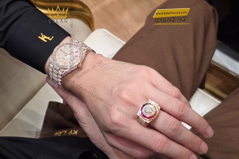 Đồng hồ Rolex Day Date vàng hồng custom full kim cương