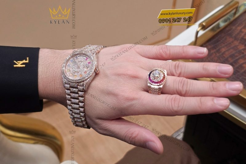 Đồng hồ Rolex Day Date vàng hồng custom full kim cương