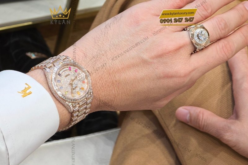 Đồng hồ Rolex Day Date vàng hồng custom full kim cương
