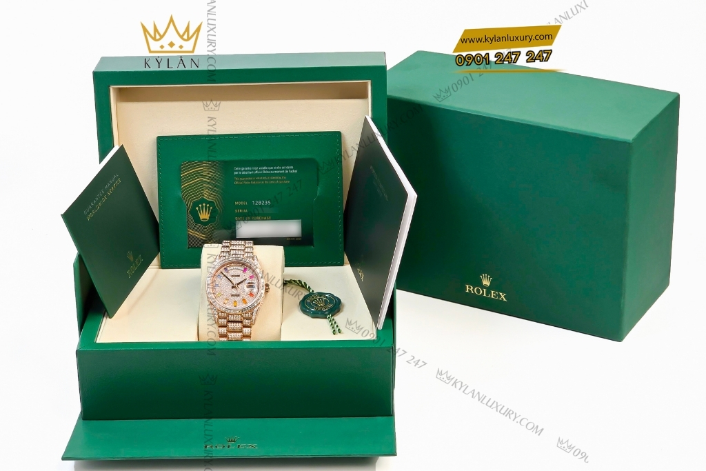 Kỳ Lân Luxury rolex day date vang hong custom full kim cuong 2 Đồng hồ Rolex Day Date vàng hồng custom full kim cương