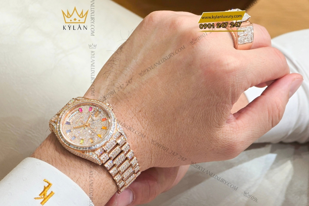 Kỳ Lân Luxury rolex day date vang hong custom full kim cuong 21 Đồng hồ Rolex Day Date vàng hồng custom full kim cương
