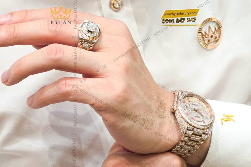 Đồng hồ Rolex Day Date vàng hồng custom full kim cương