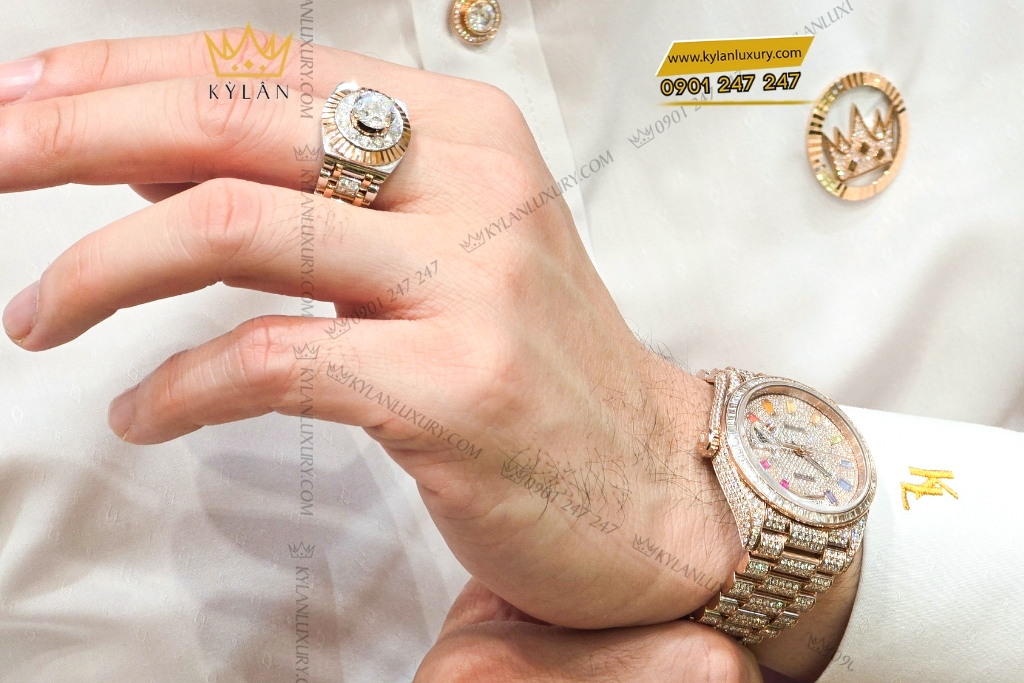 Kỳ Lân Luxury rolex day date vang hong custom full kim cuong 23 Đồng hồ Rolex Day Date vàng hồng custom full kim cương