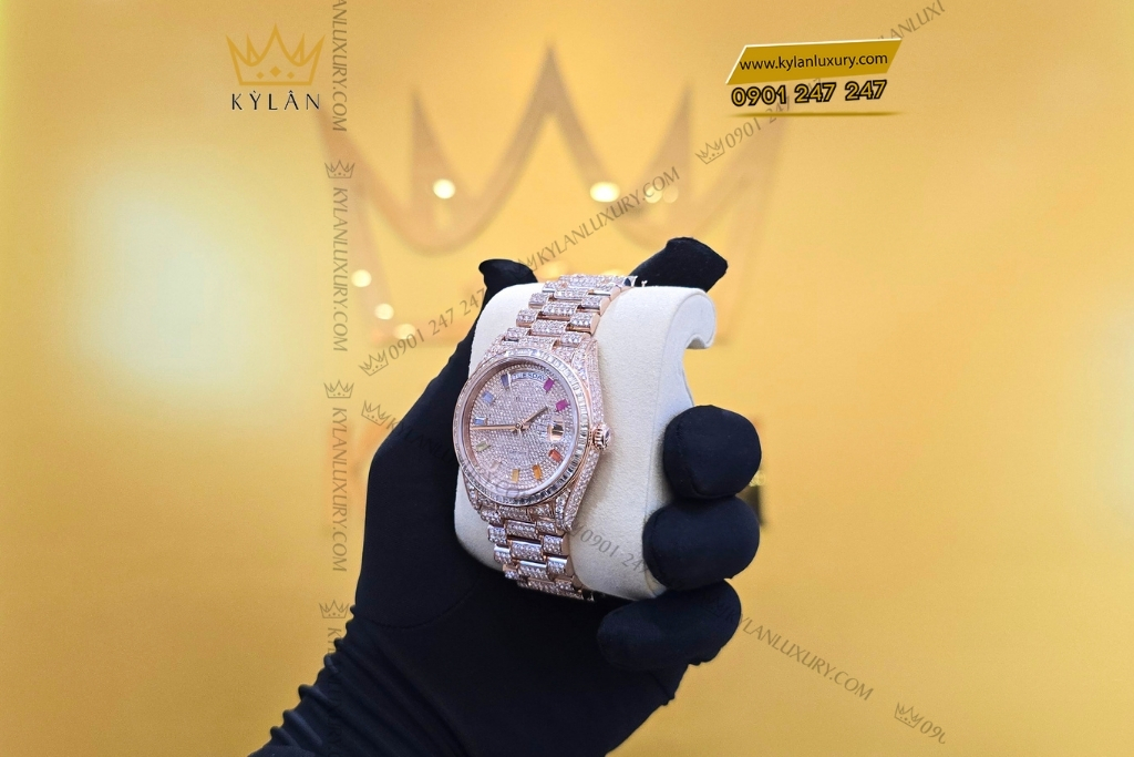 Kỳ Lân Luxury rolex day date vang hong custom full kim cuong 3 Đồng hồ Rolex Day Date vàng hồng custom full kim cương