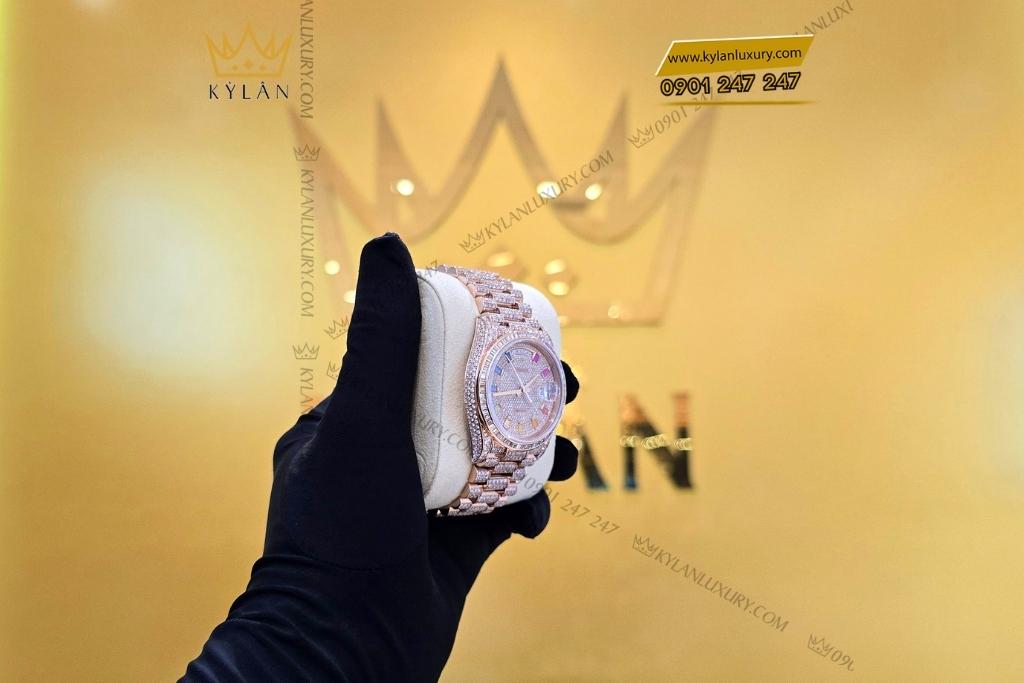Kỳ Lân Luxury rolex day date vang hong custom full kim cuong 4 Đồng hồ Rolex Day Date vàng hồng custom full kim cương