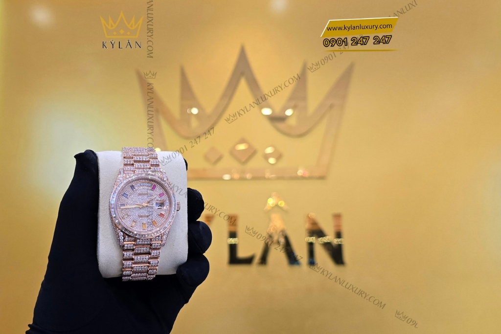 Kỳ Lân Luxury rolex day date vang hong custom full kim cuong 6 Đồng hồ Rolex Day Date vàng hồng custom full kim cương