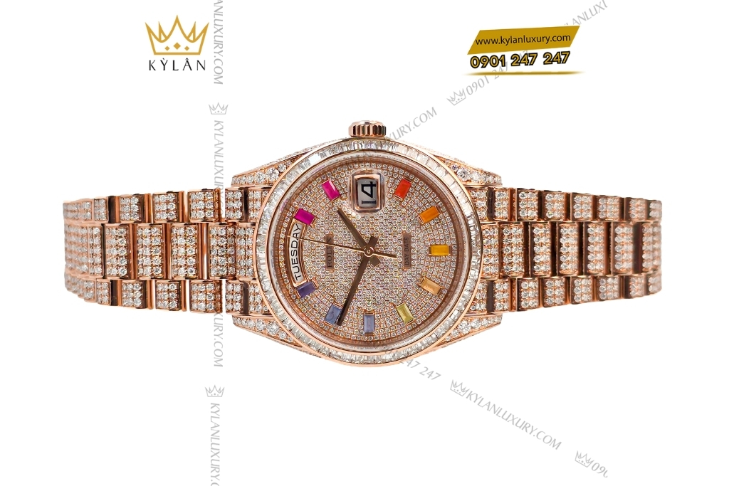 Kỳ Lân Luxury rolex day date vang hong custom full kim cuong 7 Đồng hồ Rolex Day Date vàng hồng custom full kim cương