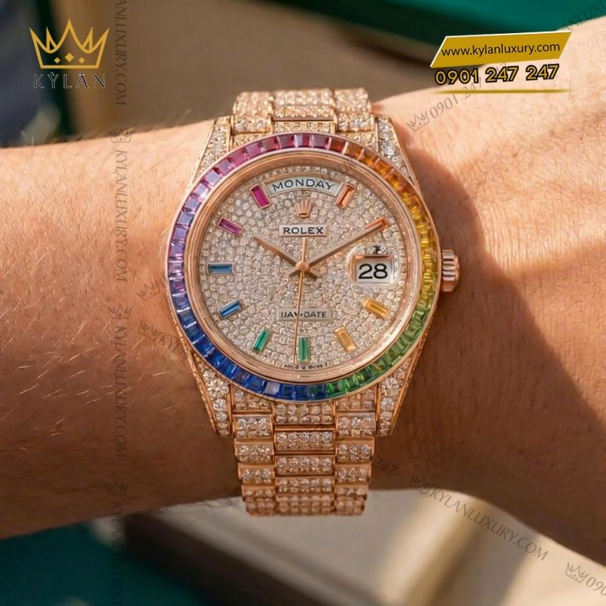 Kỳ Lân Luxury rolex day date vang hong custom kim cuong rainbow 2 Đồng hồ Rolex Day Date vàng hồng custom kim cương & vành rainbow