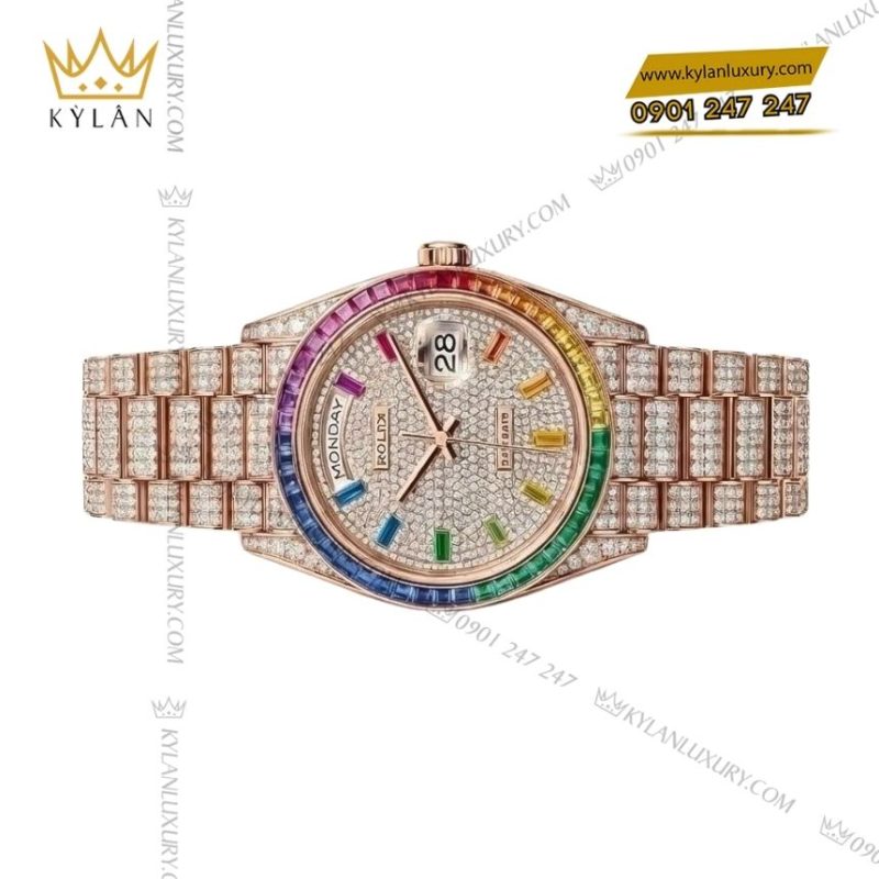 Đồng hồ Rolex Day Date vàng hồng custom kim cương & vành rainbow
