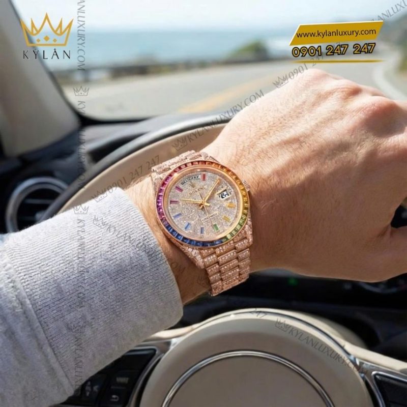 Đồng hồ Rolex Day Date vàng hồng custom kim cương & vành rainbow