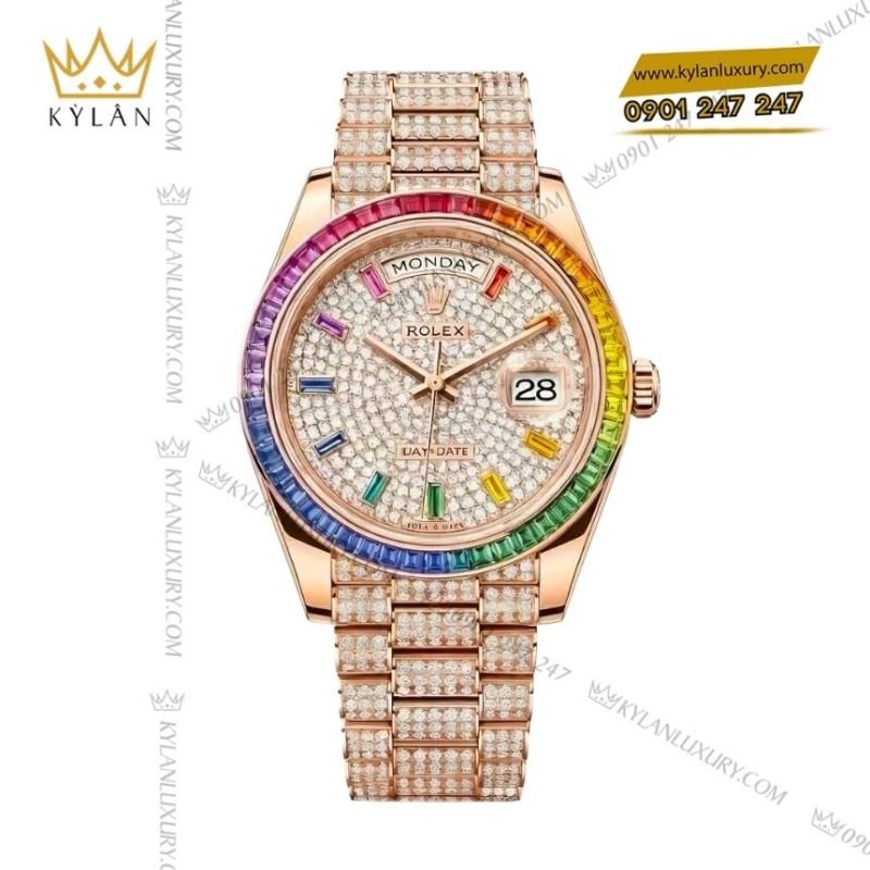 Đồng hồ Rolex Day Date vàng hồng custom kim cương & vành rainbow