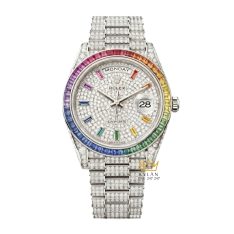 Đồng hồ Rolex Day Date vàng trắng custom kim cương & vành Rainbow