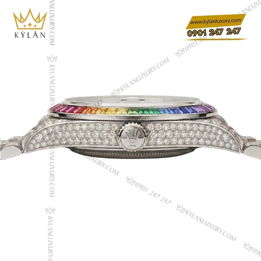 Kỳ Lân Luxury rolex day date vang trang custom kim cuong rainbow 10 Đồng hồ Rolex Day Date vàng trắng custom kim cương & vành Rainbow