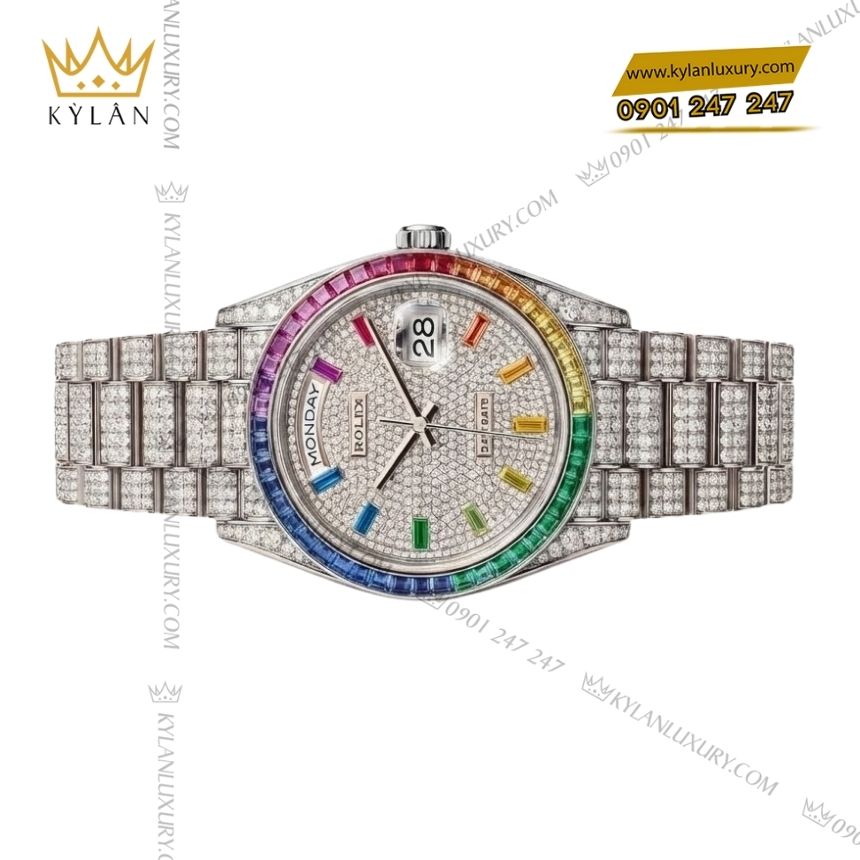 Kỳ Lân Luxury rolex day date vang trang custom kim cuong rainbow 2 Đồng hồ Rolex Day Date vàng trắng custom kim cương & vành Rainbow
