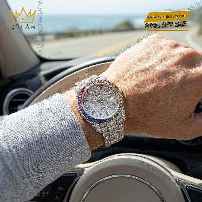 Kỳ Lân Luxury rolex day date vang trang custom kim cuong rainbow 3 Đồng hồ Rolex Day Date vàng trắng custom kim cương & vành Rainbow