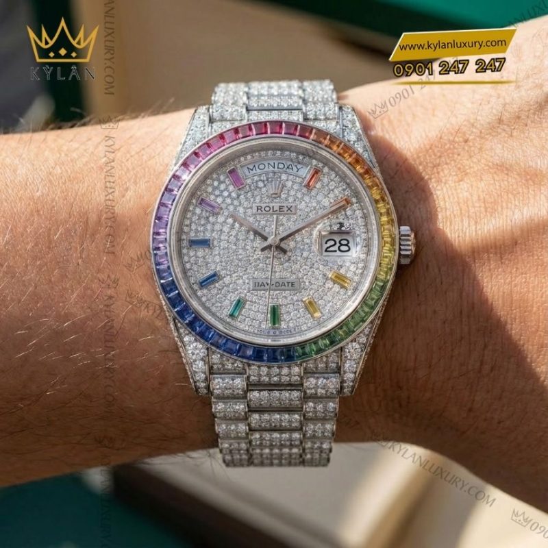 Đồng hồ Rolex Day Date vàng trắng custom kim cương & vành Rainbow