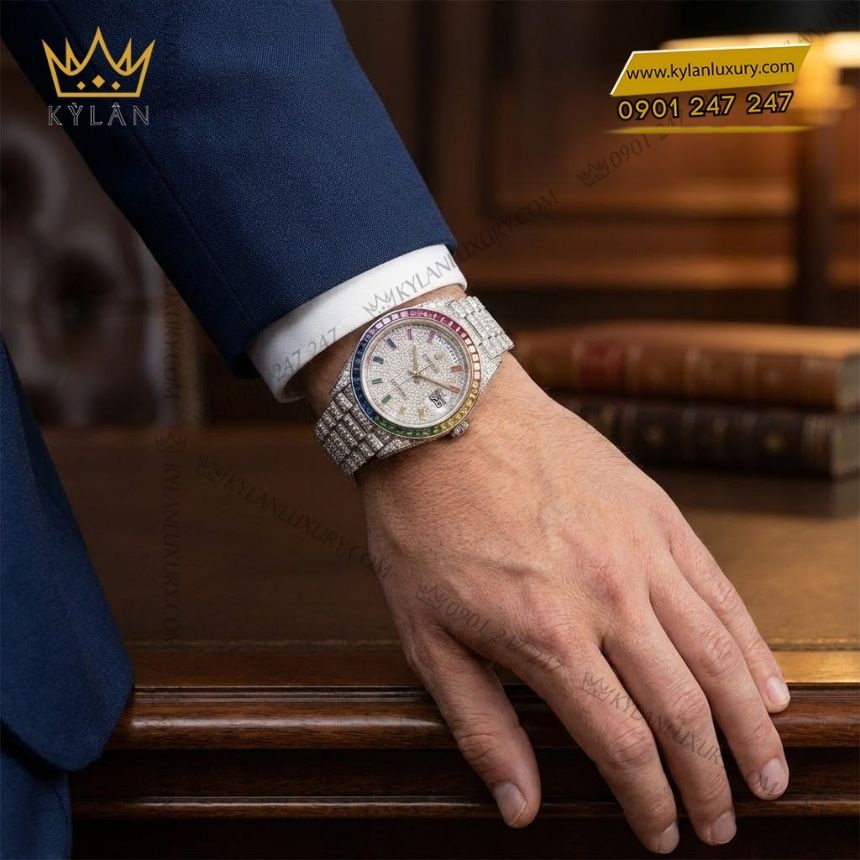 Kỳ Lân Luxury rolex day date vang trang custom kim cuong rainbow 5 Đồng hồ Rolex Day Date vàng trắng custom kim cương & vành Rainbow