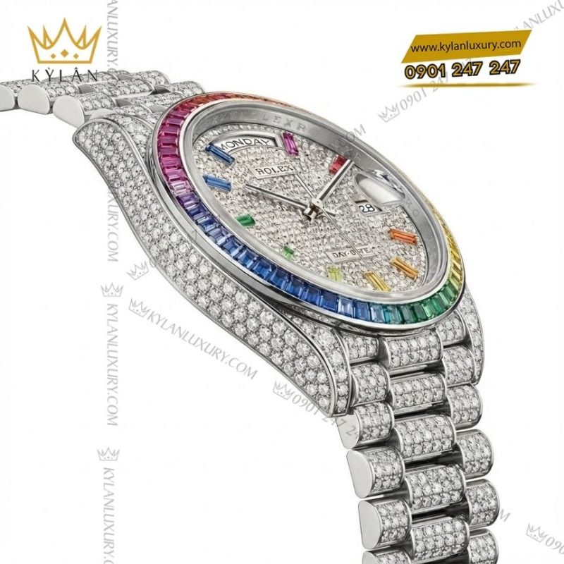 Đồng hồ Rolex Day Date vàng trắng custom kim cương & vành Rainbow