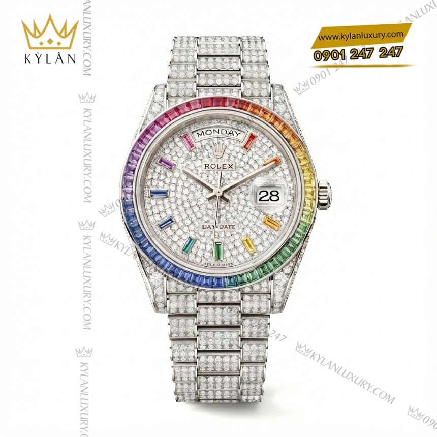 Kỳ Lân Luxury rolex day date vang trang custom kim cuong rainbow 7 Đồng hồ Rolex Day Date vàng trắng custom kim cương & vành Rainbow