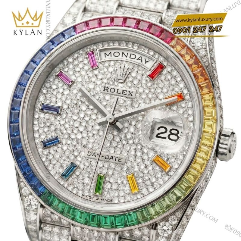Đồng hồ Rolex Day Date vàng trắng custom kim cương & vành Rainbow