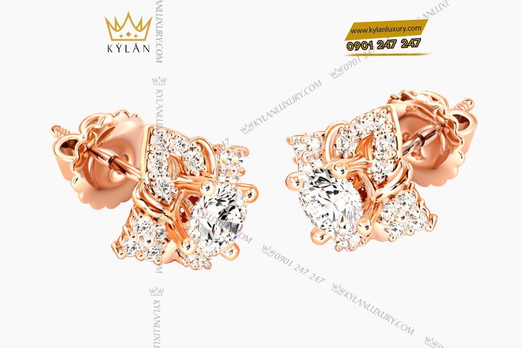 Bông tai vàng hồng Au750 đính kim cương 3 Bông tai vàng hồng Au750 đính kim cương
