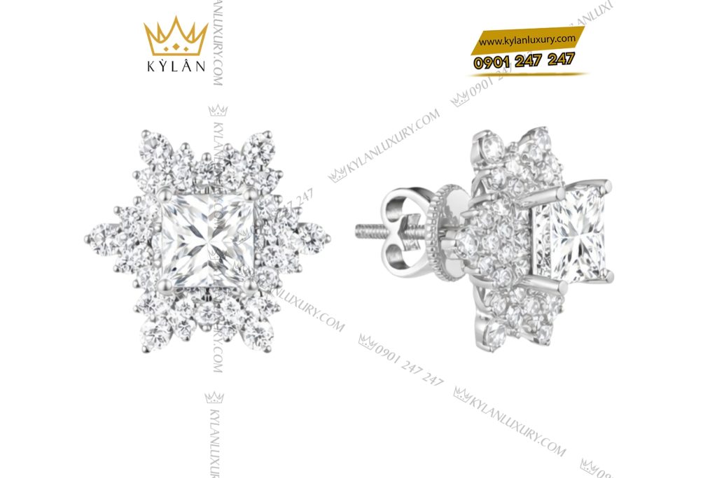 Bông tai vàng trắng Au750 đính kim cương 2 Bông tai vàng trắng Au750 đính kim cương