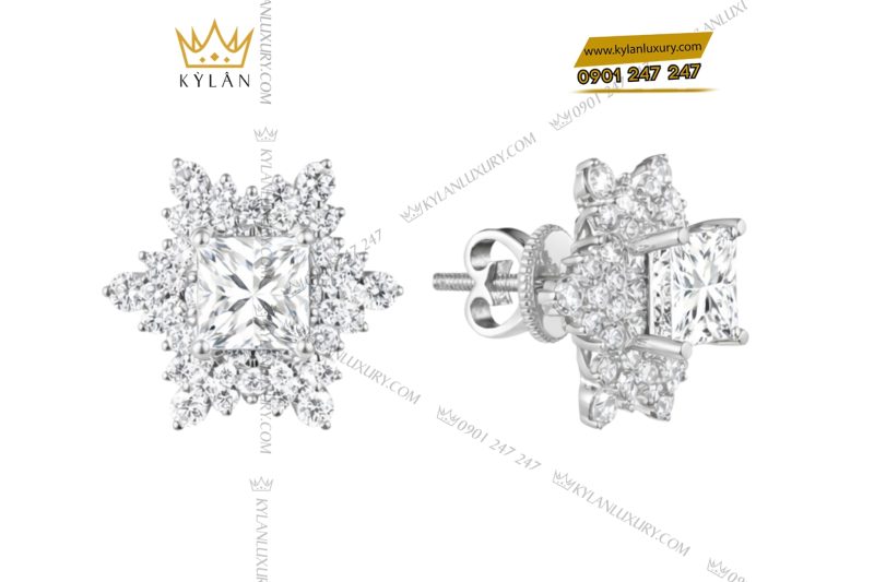 Bông tai vàng trắng Au750 đính kim cương