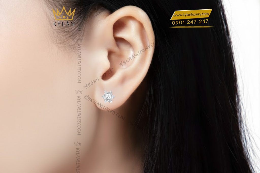 Bông tai vàng trắng Au750 đính kim cương 6 Bông tai vàng trắng Au750 đính kim cương