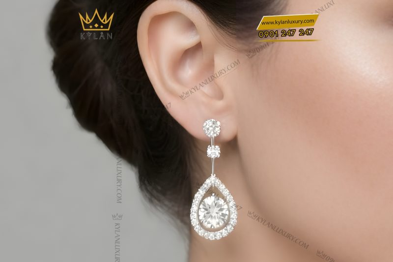 Bông tai vàng trắng Au750 đính kim cương