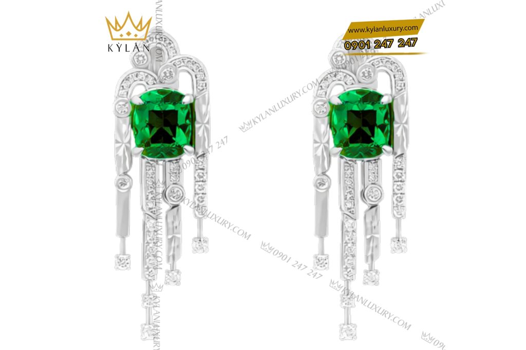 Bông tai vàng trắng Au750 đính kim cương và đá ngọc lục bảo