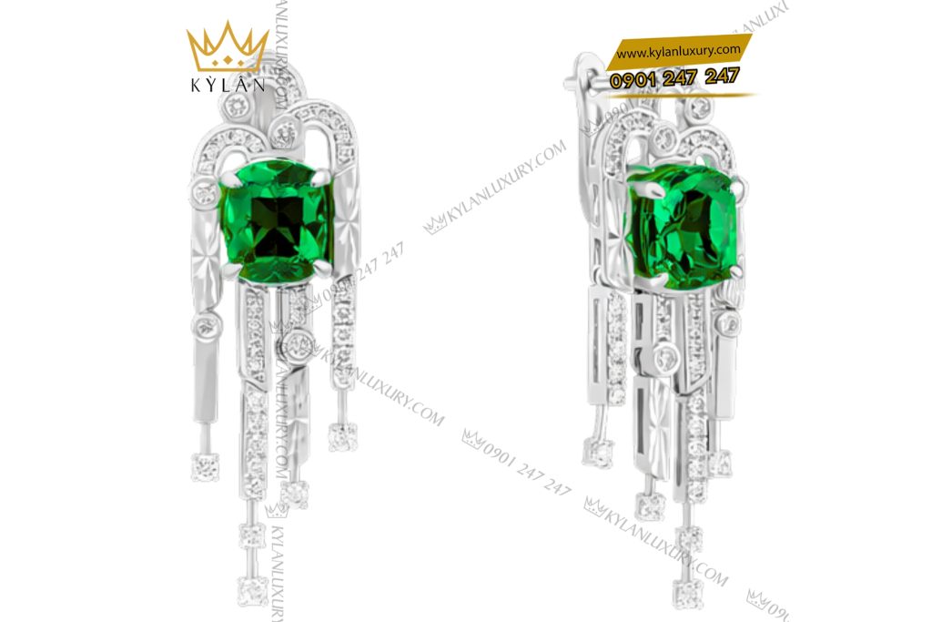 Kỳ Lân Luxury Bong tai vang trang Au750 dinh kim cuong va da ngoc luc bao 3 Bông tai vàng trắng Au750 đính kim cương và đá ngọc lục bảo