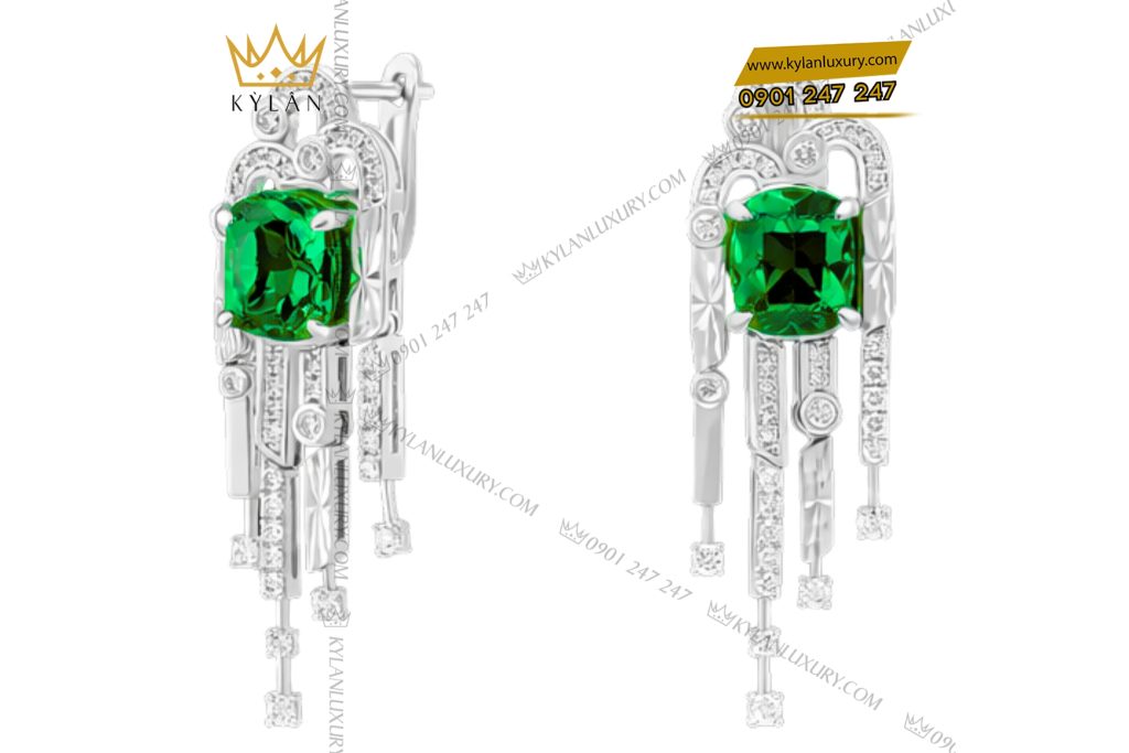 Kỳ Lân Luxury Bong tai vang trang Au750 dinh kim cuong va da ngoc luc bao 4 Bông tai vàng trắng Au750 đính kim cương và đá ngọc lục bảo