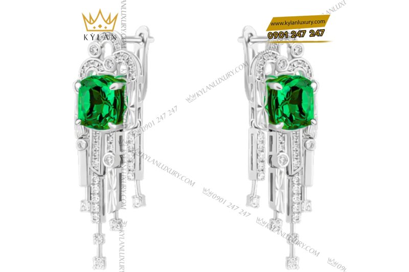Bông tai vàng trắng Au750 đính kim cương và đá ngọc lục bảo