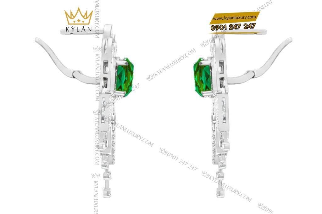 Bông tai vàng trắng Au750 đính kim cương và đá ngọc lục bảo