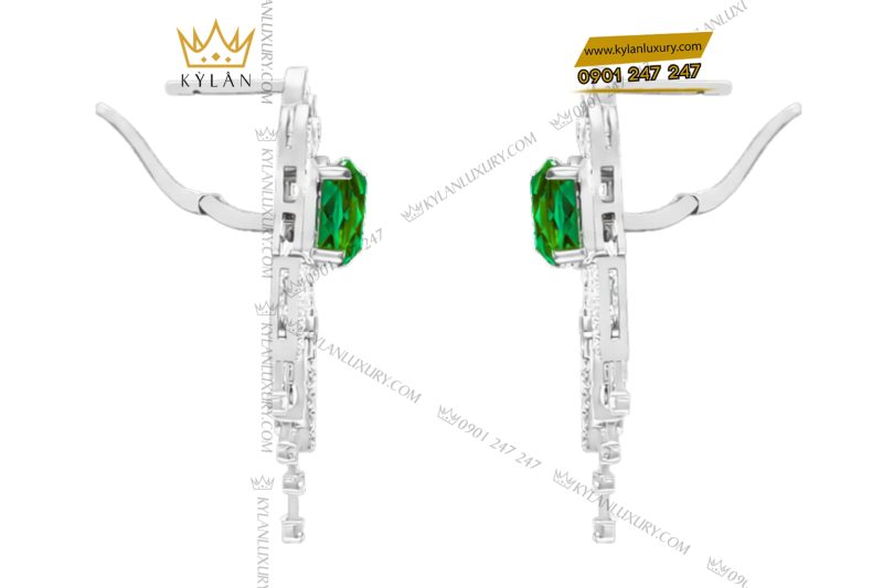 Bông tai vàng trắng Au750 đính kim cương và đá ngọc lục bảo
