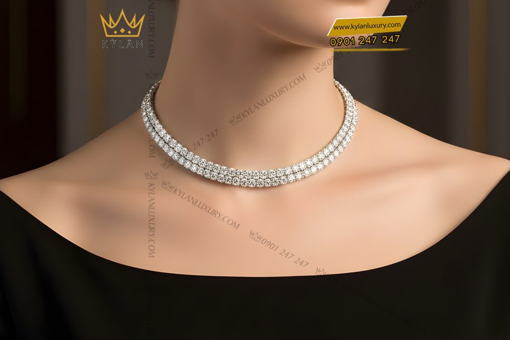 Dây chuyền Tennis vàng trắng Au750 đính kim cương 