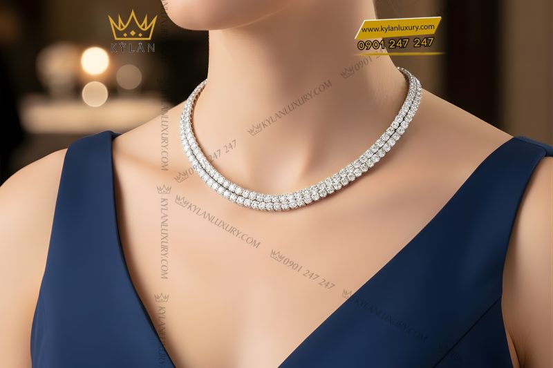 Dây chuyền Tennis vàng trắng Au750 đính kim cương 