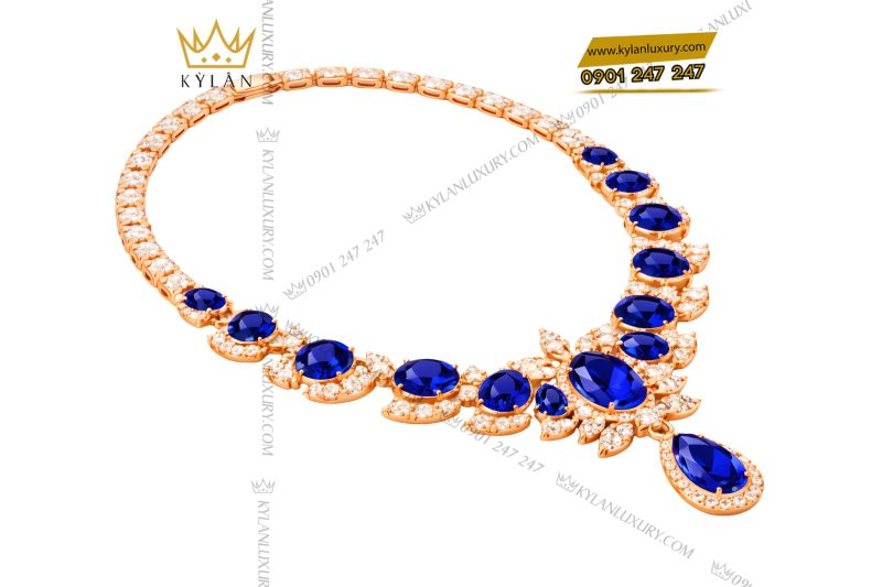 Dây chuyền vàng hồng Au750 đính kim cương và đá quý xanh