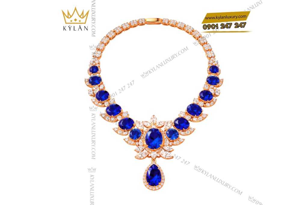 Dây chuyền vàng hồng Au750 đính kim cương và đá quý xanh