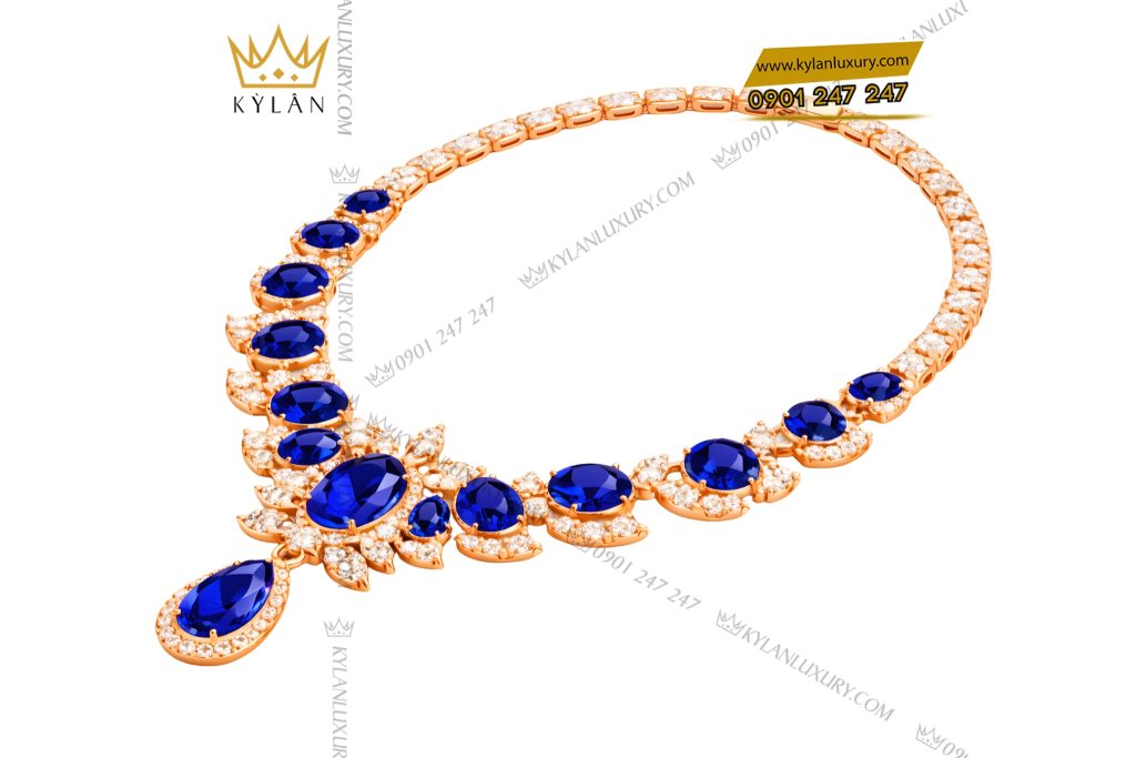 Dây chuyền vàng hồng Au750 đính kim cương và đá quý xanh