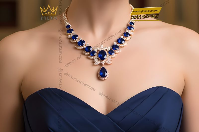 Dây chuyền vàng hồng Au750 đính kim cương và đá quý xanh