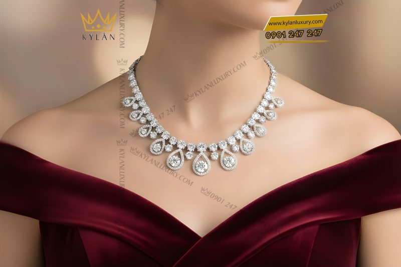 Dây chuyền vàng trắng Au750 đính kim cương