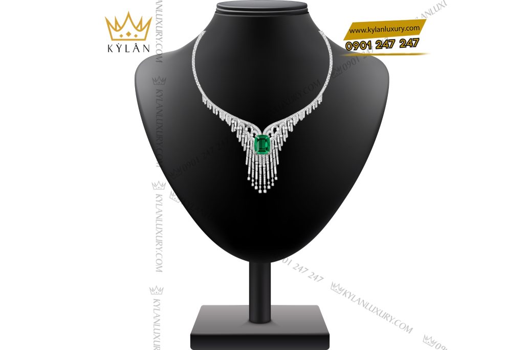 Kỳ Lân Luxury Day chuyen vang trang Au750 dinh kim cuong va da ngoc luc bao 2 Dây chuyền vàng trắng Au750 đính kim cương và đá ngọc lục bảo