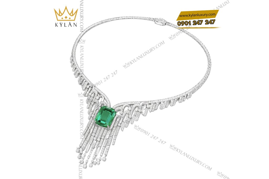 Dây chuyền vàng trắng Au750 đính kim cương và đá ngọc lục bảo