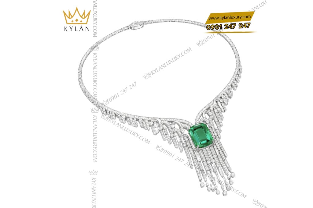 Dây chuyền vàng trắng Au750 đính kim cương và đá ngọc lục bảo