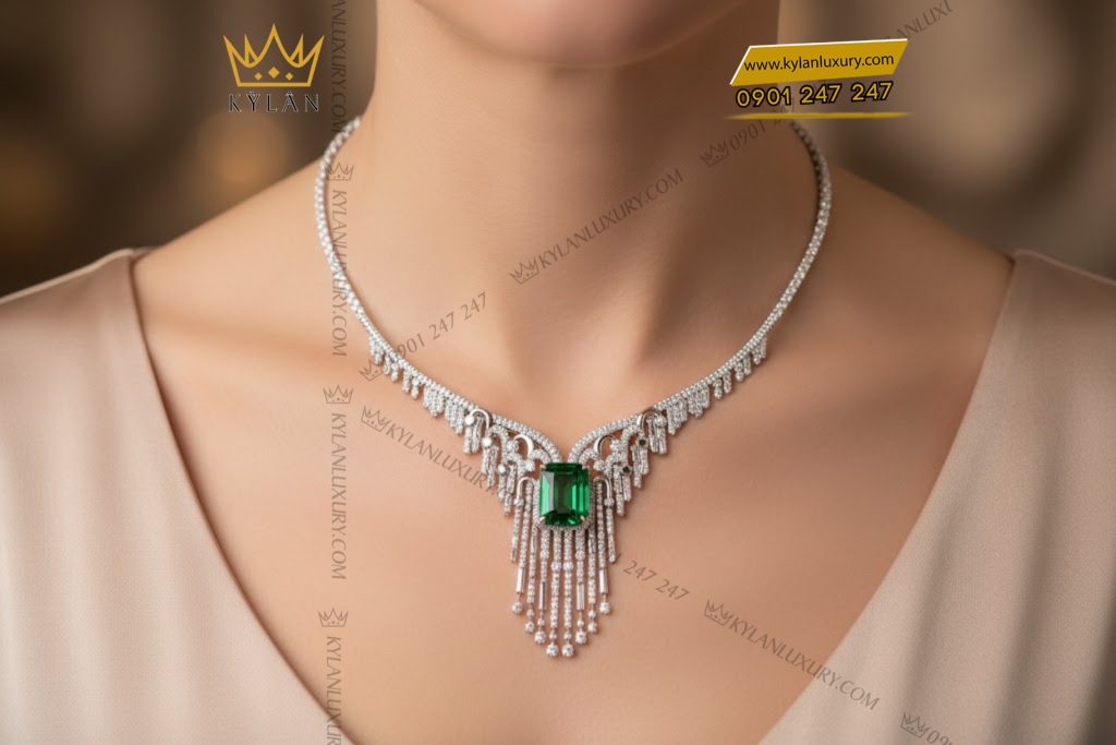 Dây chuyền vàng trắng Au750 đính kim cương và đá ngọc lục bảo